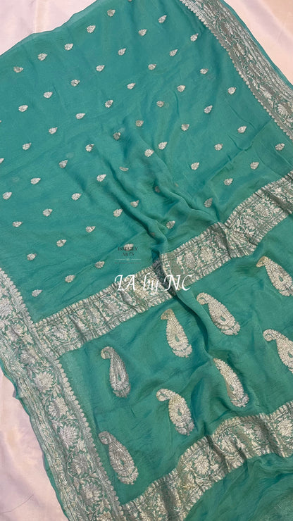 Turquoise Banarasi Pure Khaddi Georgette Kadwa Saree