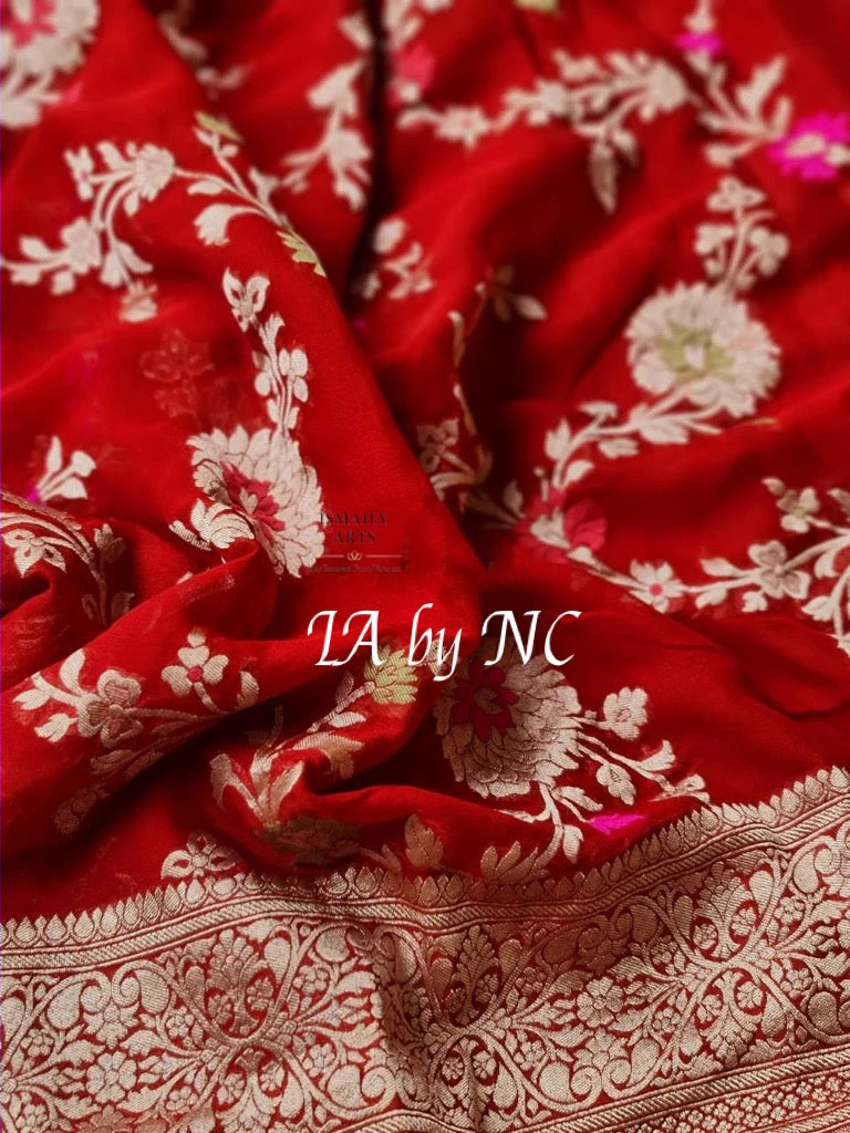 Crimson Banarasi Pure Khaddi Georgette Meenakari Saree