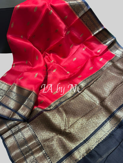 Carmine Banarasi Pure Kora Organza Kadwa Saree