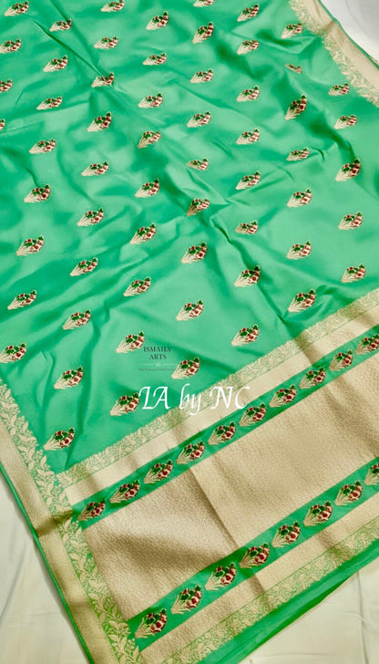 Mint Banarasi Mashru Katan Silk Meenakari Saree