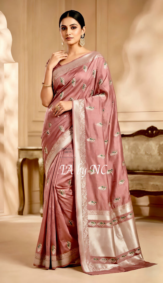Salmon Banarasi Mashru Katan Silk Meenakari Saree
