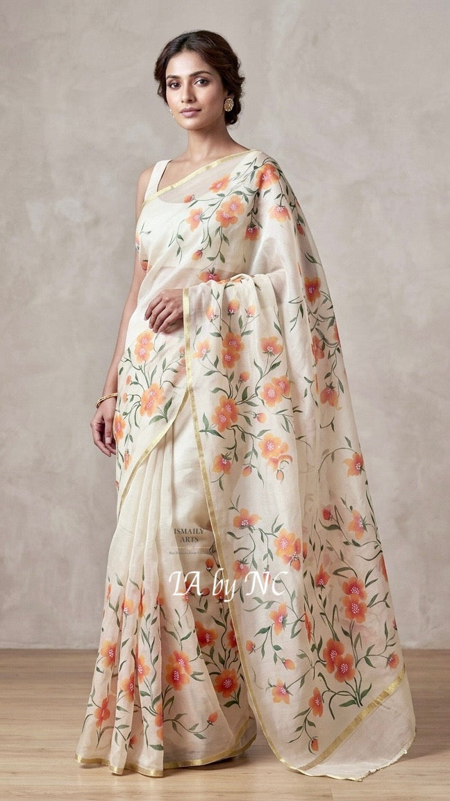 Beige Banarasi Pure Kora Organza Saree
