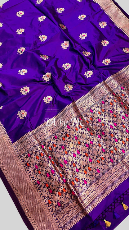 Grape Banarasi Pure Katan Silk Kadwa Meenakari Saree
