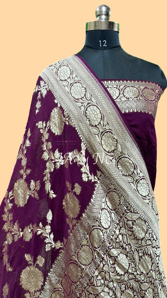 Wine Banarasi Pure Khaddi Georgette Saree