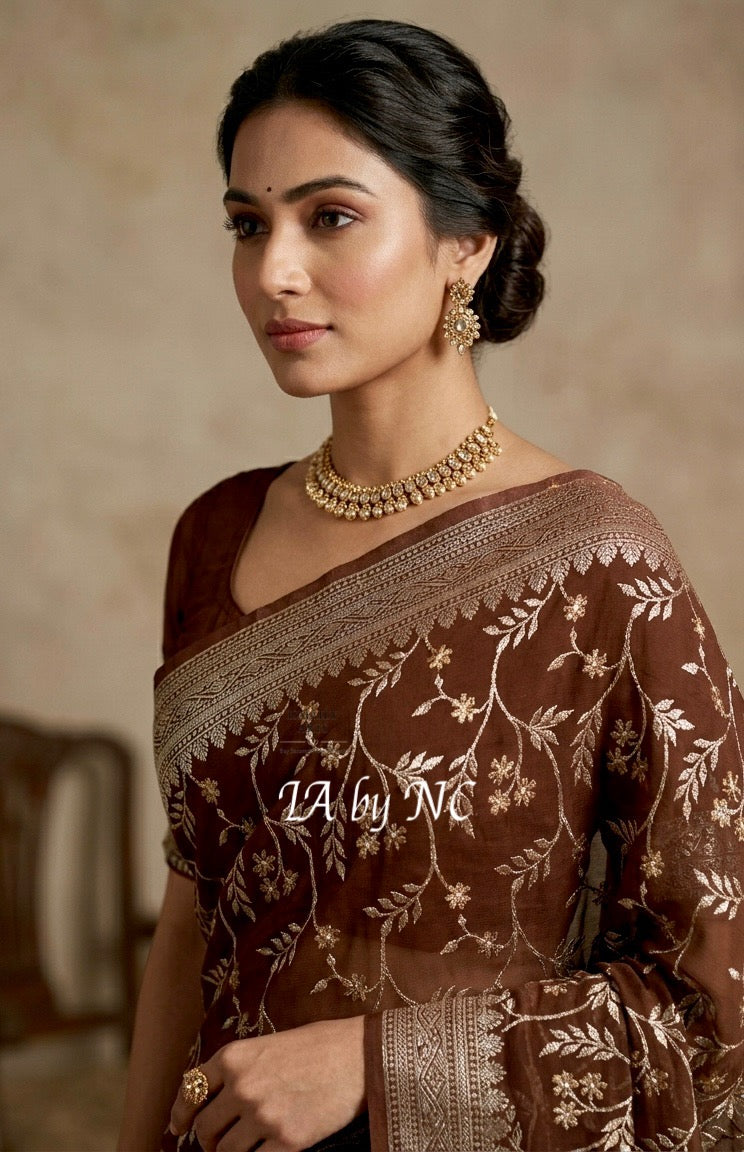 Walnut Banarasi Pure Khaddi Georgette Saree