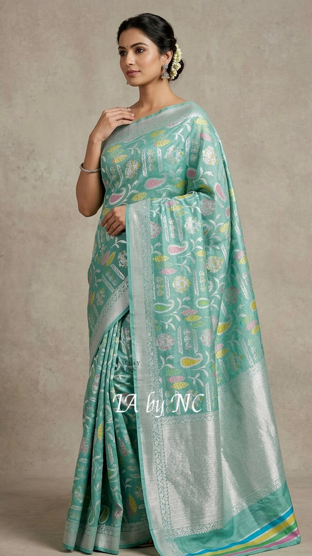 Turquoise Banarasi Pure Khaddi Tussar Georgette Meenakari Saree