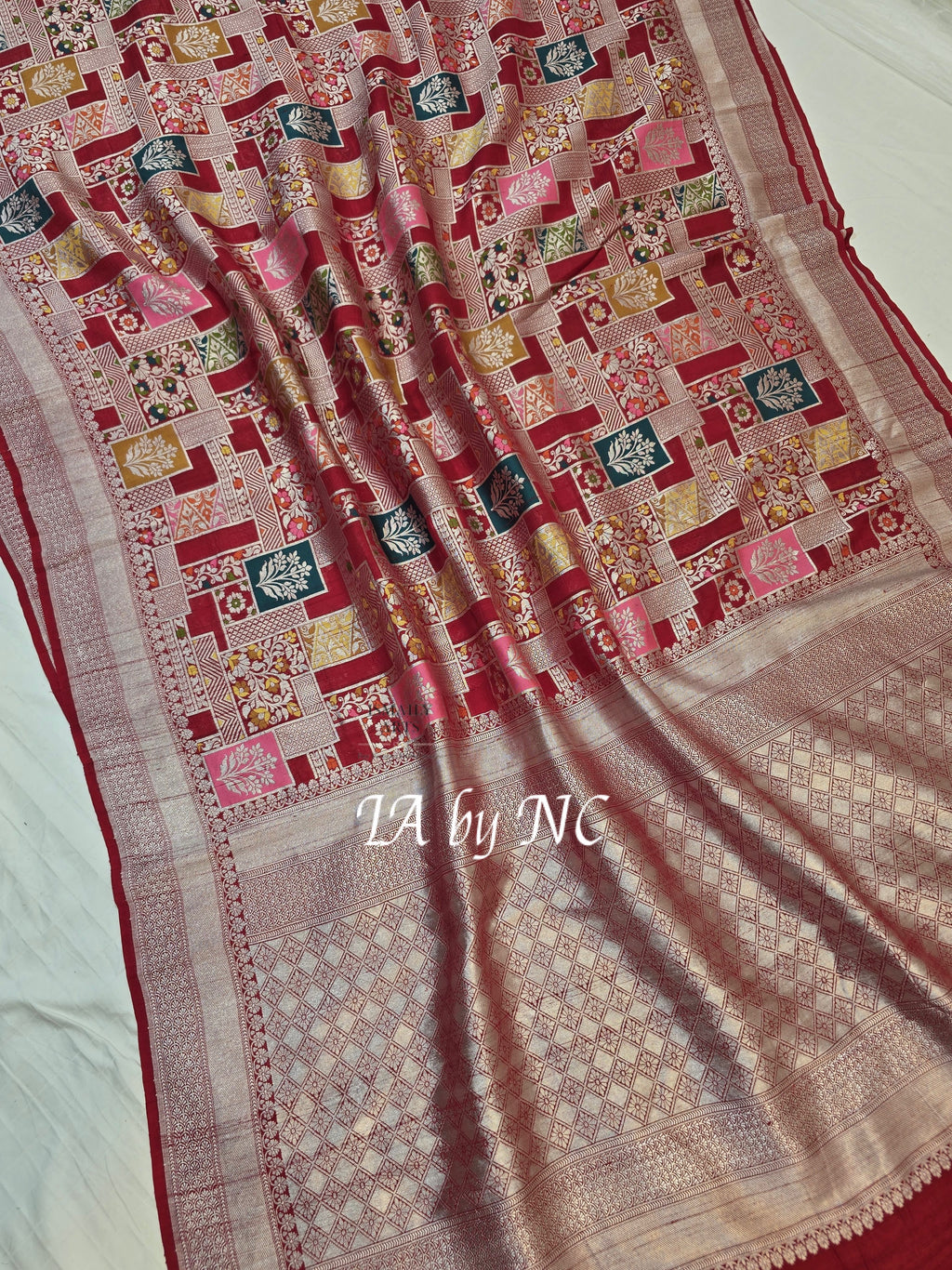 Carmine Banarasi Pure Khaddi Tussar Georgette Meenakari Saree