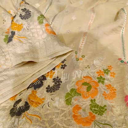 Beige Banarasi Pure Khaddi Tussar Georgette Paithani Saree