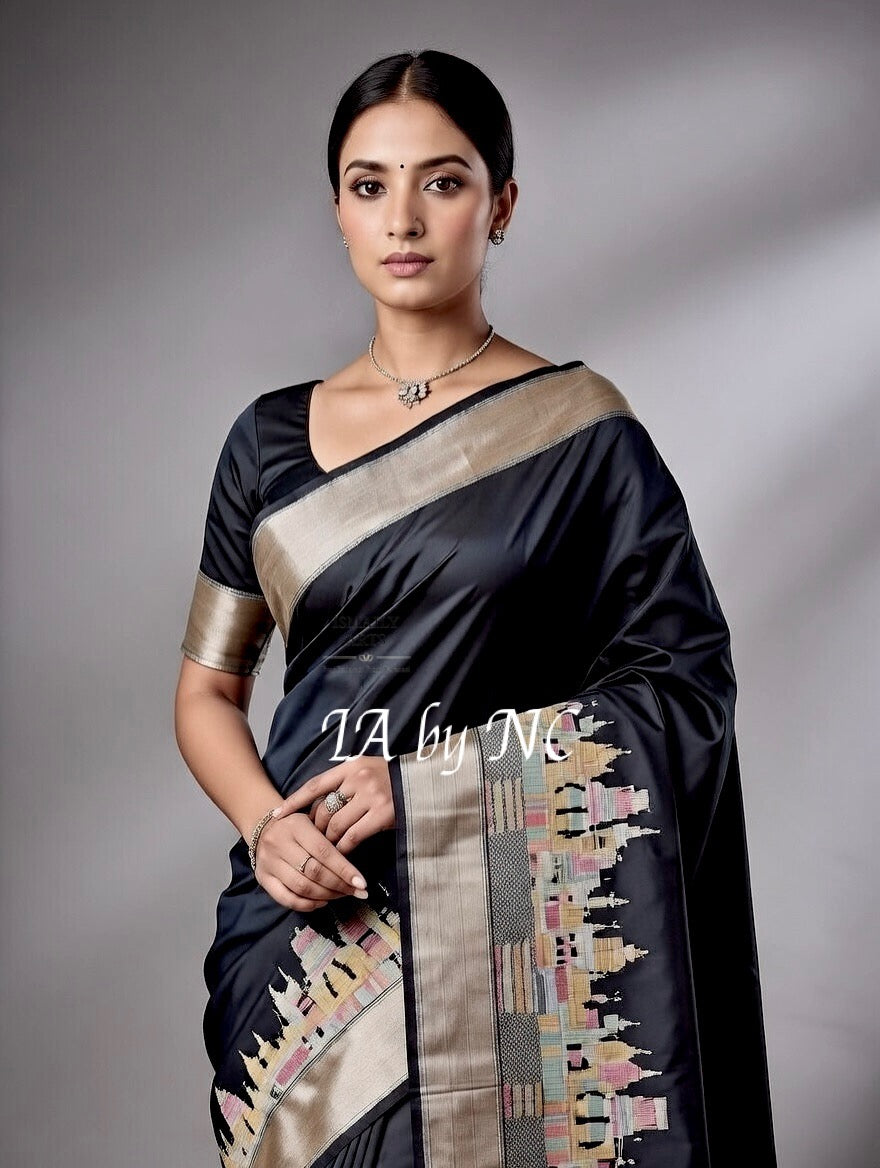 Black Banarasi Pure Katan Silk Kadwa Ganga Ghat Meenakari Pattu Saree