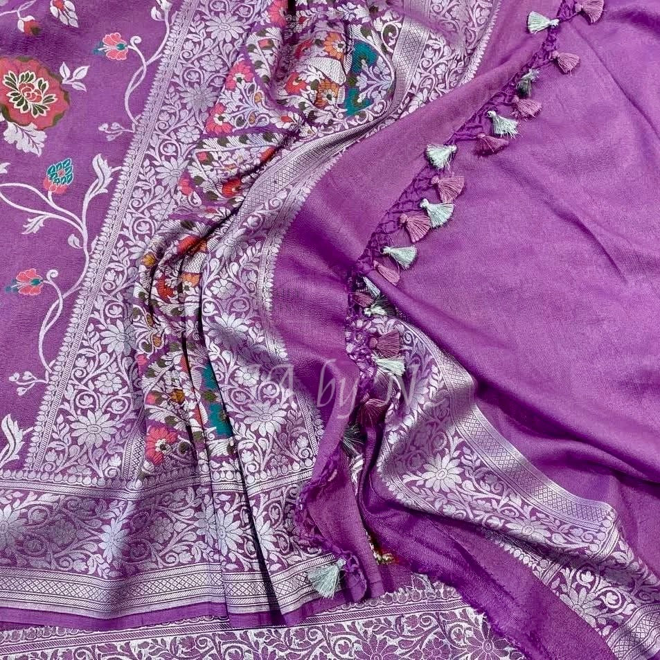 Plum Banarasi Pure Khaddi Tussar Georgette Meenakari Saree