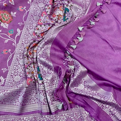 Plum Banarasi Pure Khaddi Tussar Georgette Meenakari Saree