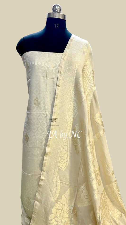 Beige Banarasi Pure Munga Silk Dress Material