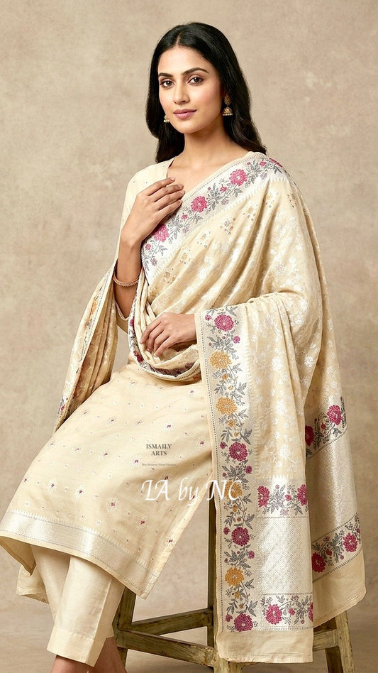 Beige Banarasi Pure Munga Silk Dress Material