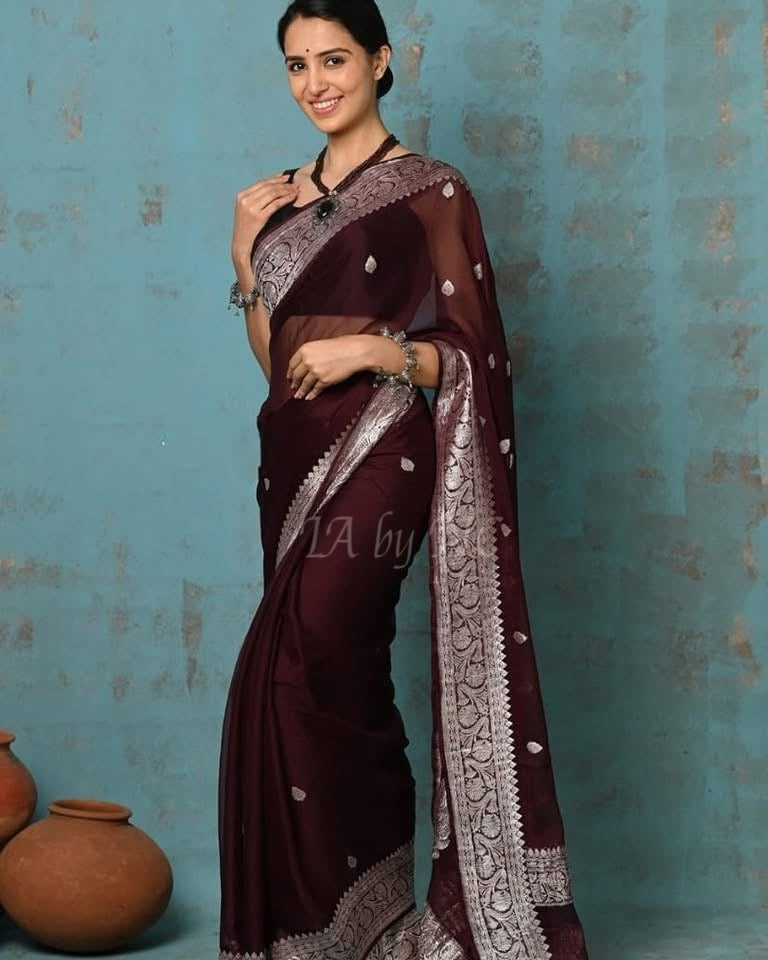 Hickory Banarasi Pure Khaddi Georgette Kadwa Saree