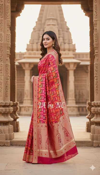 Carmine Banarasi Pure Katan Silk Tilfi Meenakari Rangkat Saree