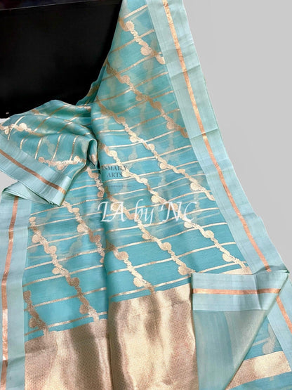 Turquoise Banarasi Pure Kora Organza Kadwa Saree