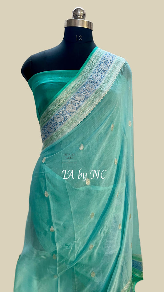 Aqua Banarasi Pure Khaddi Georgette Kadwa Saree