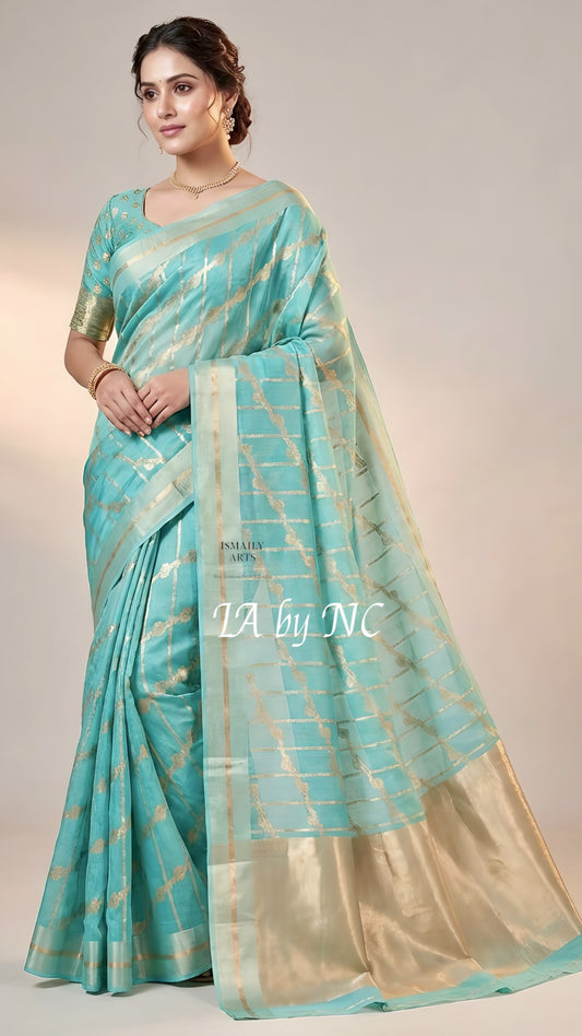 Turquoise Banarasi Pure Kora Organza Kadwa Saree