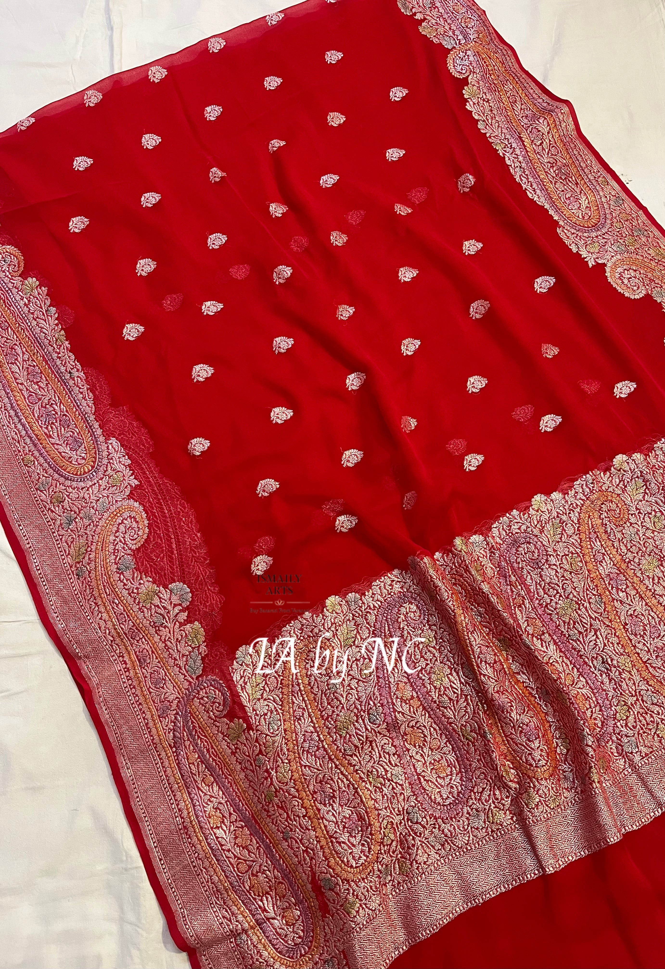 Crimson Banarasi Pure Khaddi Georgette Kadwa Saree