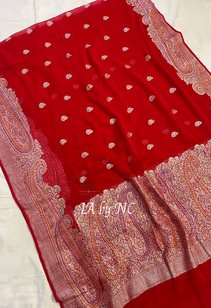 Crimson Banarasi Pure Khaddi Georgette Kadwa Saree