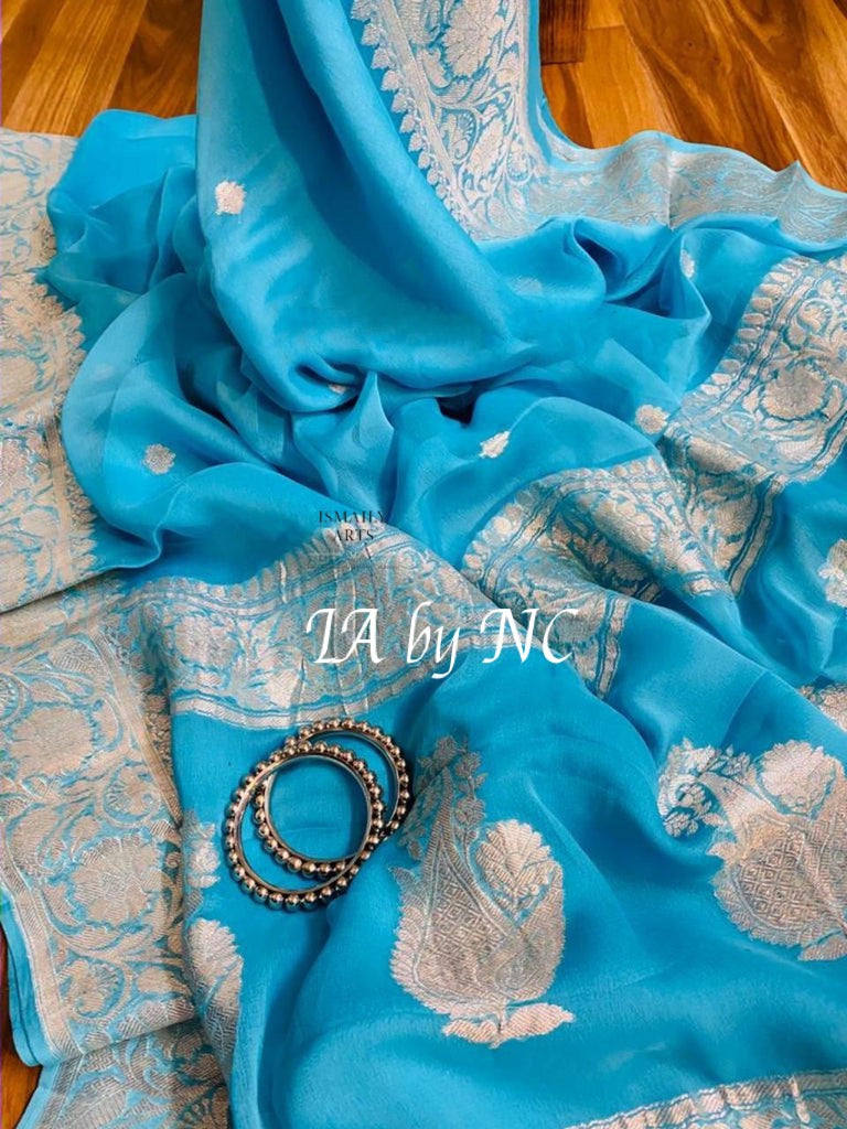 Azure Banarasi Pure Khaddi Georgette Kadwa Saree