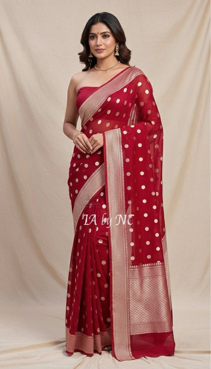 Carmine Banarasi Pure Khaddi Georgette Saree