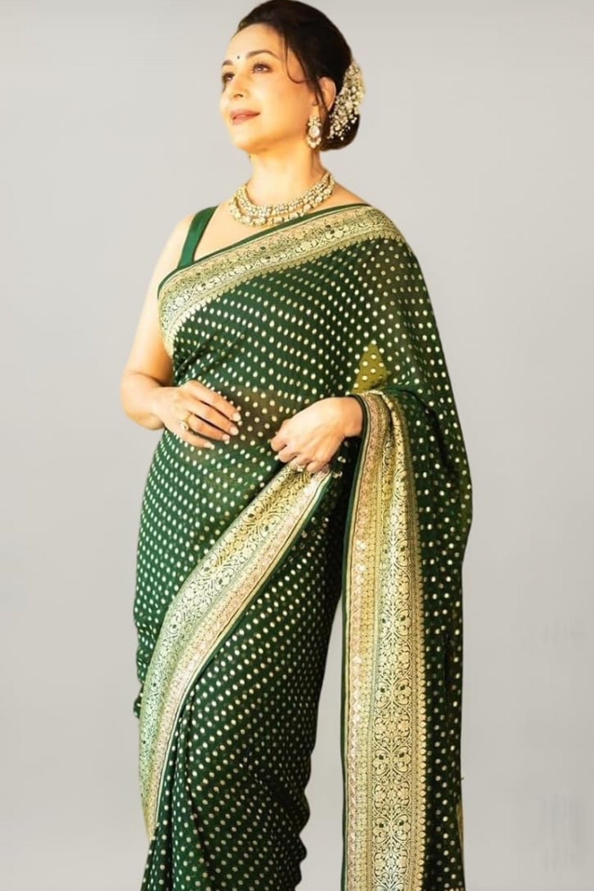 Madhuri Dixit inspired Forest Banarasi Pure Khaddi Georgette Saree