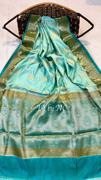 Turquoise Banarasi Pure Katan Silk Raw Mango Saree