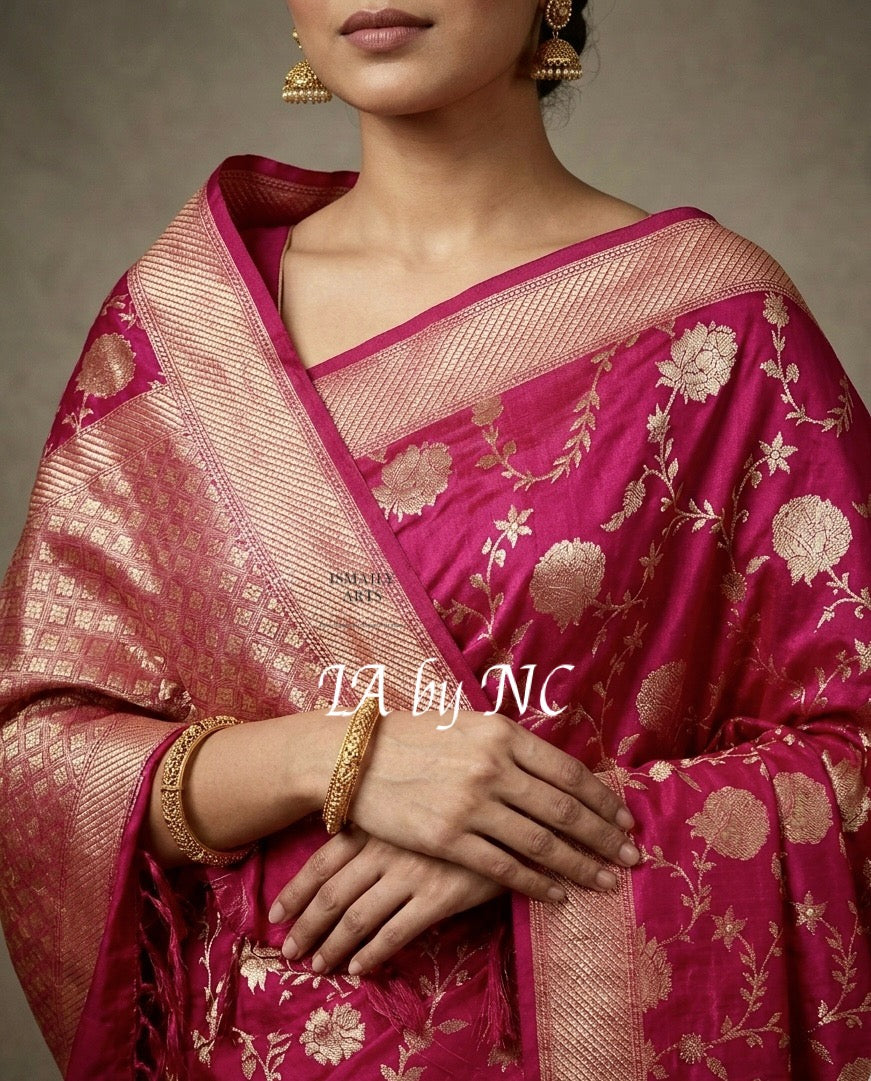 Cerise Banarasi Pure Munga Silk Saree