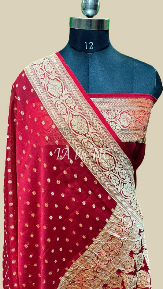 Carmine Banarasi Pure Khaddi Georgette Saree