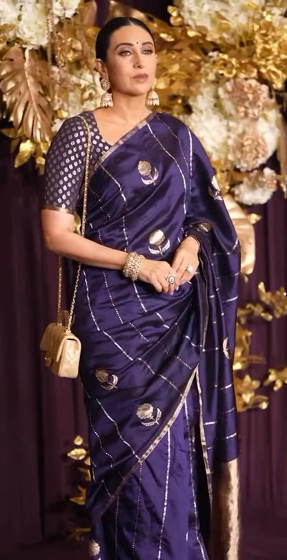 Karishma Kapoor inspired Space Banarasi Pure Katan Silk Raw Mango Kadwa Saree