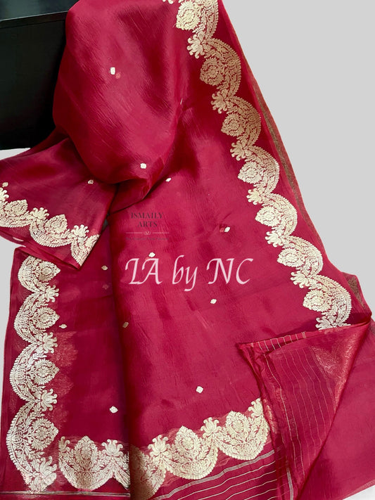 Carmine Banarasi Pure Kora Organza Kadwa Saree