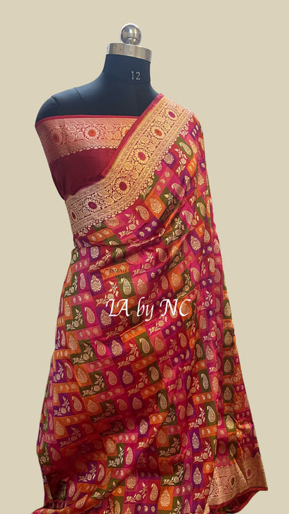 Carmine Banarasi Pure Katan Silk Tilfi Meenakari Rangkat Saree