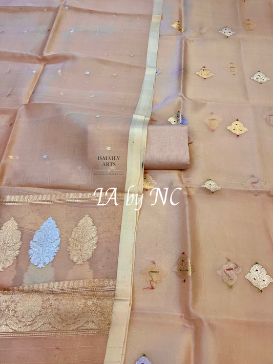 Beige Banarasi Pure Kora Silk Kadwa Dress Materials