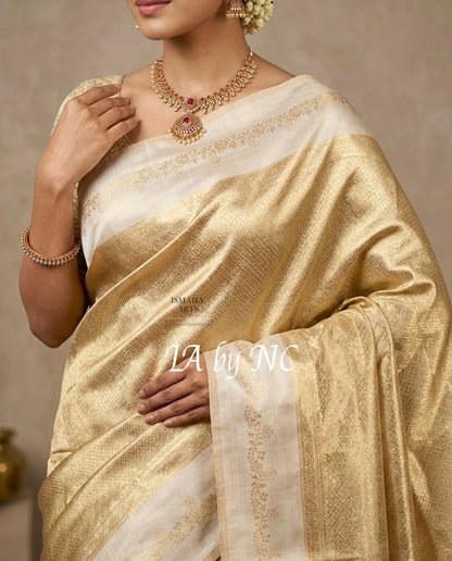 Offwhite Banarasi Pure Tissue Silk Brocade Saree