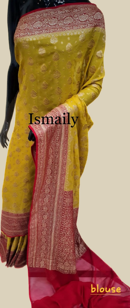 Goldenrod Banarasi Pure Khaddi Georgette Saree