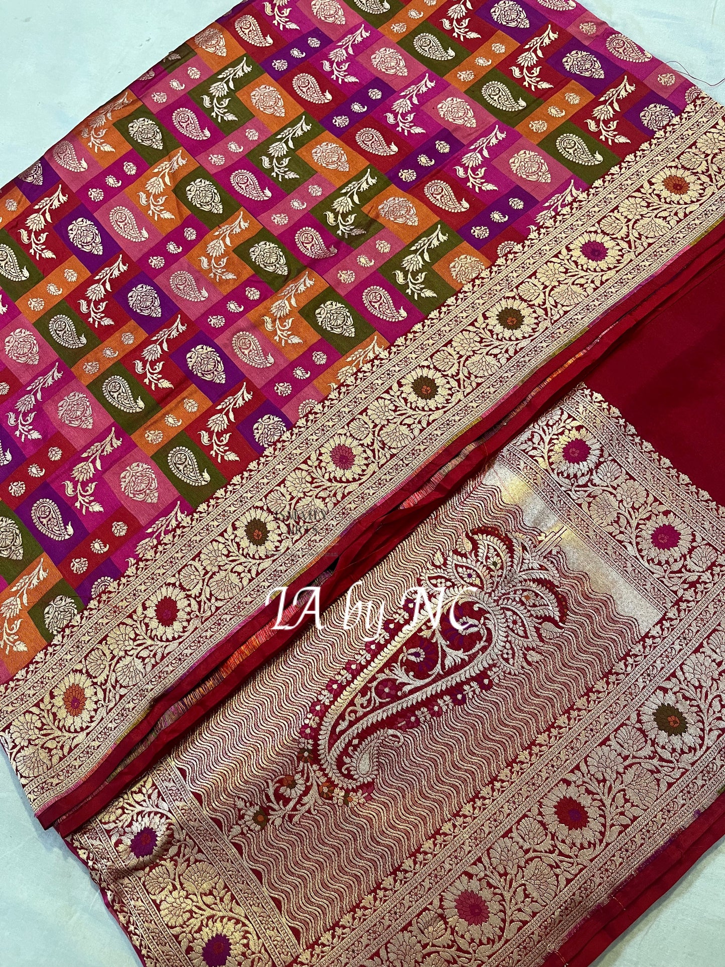 Carmine Banarasi Pure Katan Silk Tilfi Meenakari Rangkat Saree