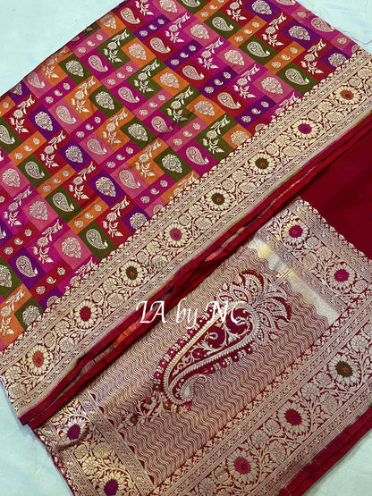 Carmine Banarasi Pure Katan Silk Tilfi Meenakari Rangkat Saree