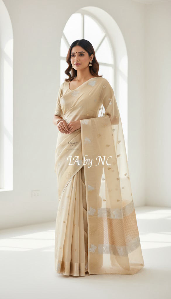 Beige Banarasi Pure Kora Silk Kadwa Saree