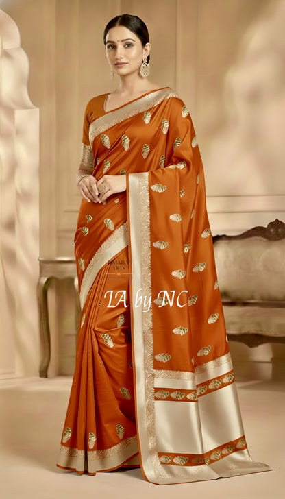 Ochre Banarasi Mashru Katan Silk Meenakari Saree
