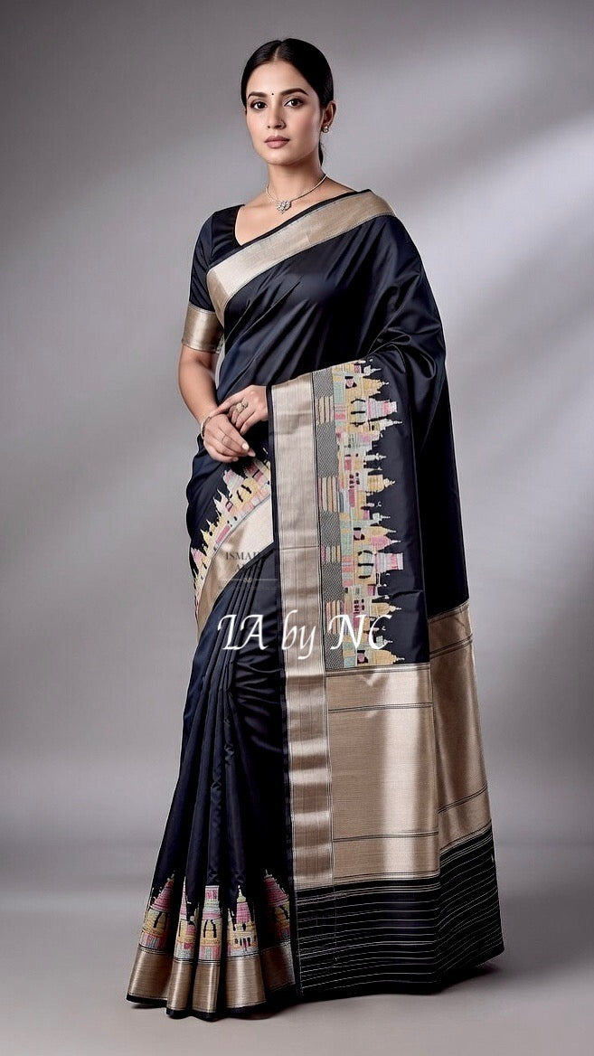Black Banarasi Pure Katan Silk Kadwa Ganga Ghat Meenakari Pattu Saree