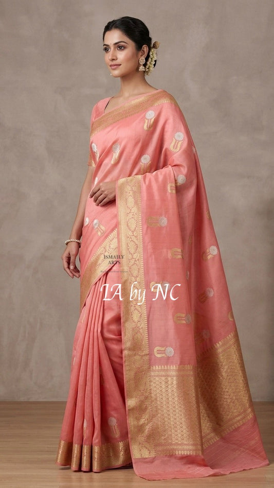 Peach Banarasi Pure Kora Silk Kadwa Saree