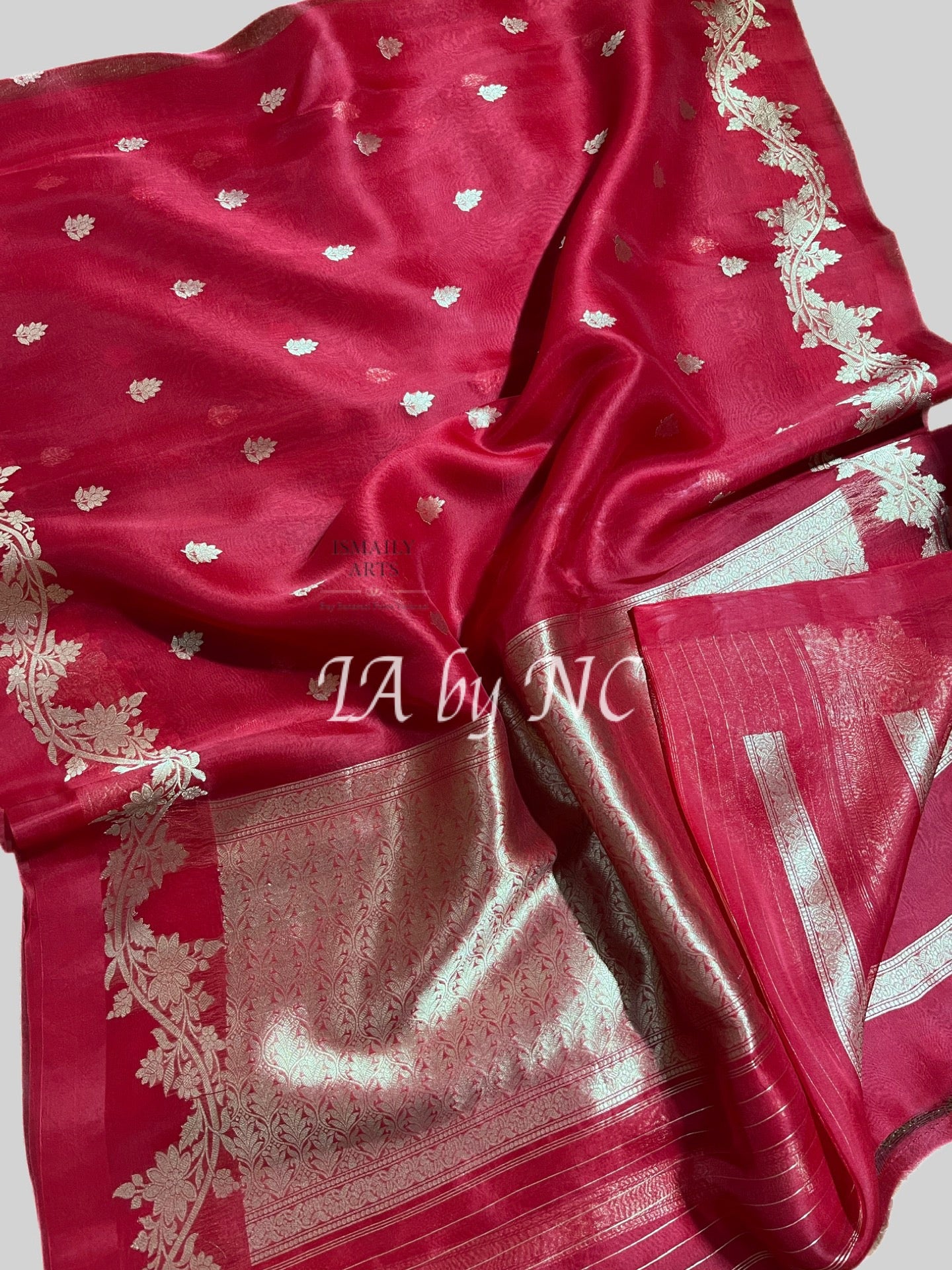 Carmine Banarasi Pure Kora Organza Kadwa Saree