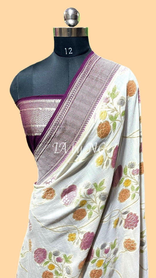 Off-white Banarasi Pure Khaddi Munga Saree