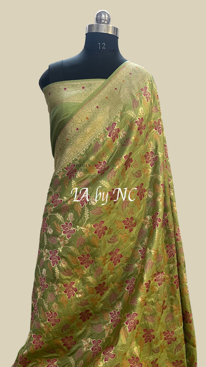 Olive Banarasi Pure Katan Silk Pattu Meenakari Saree