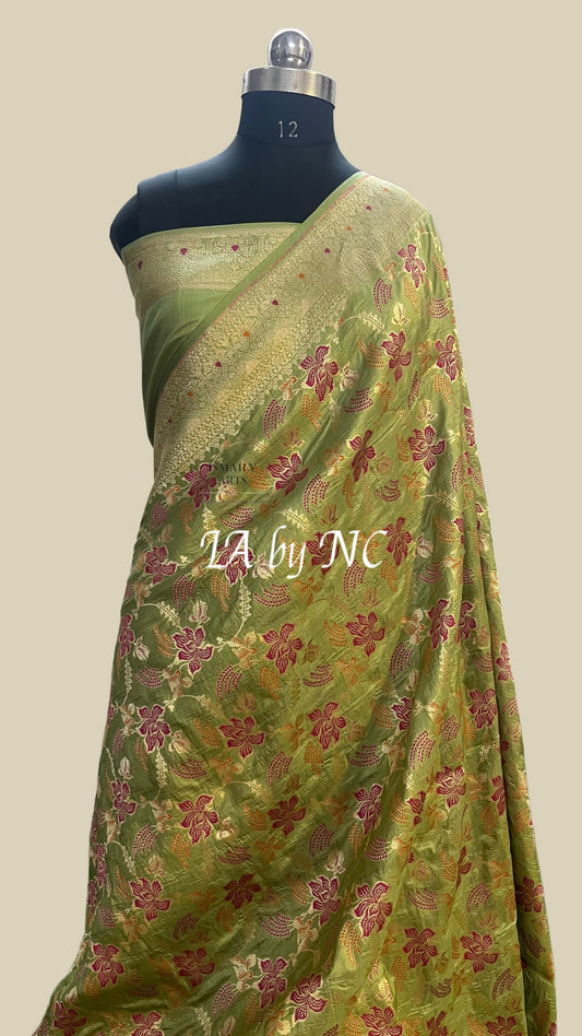 Olive Banarasi Pure Katan Silk Pattu Meenakari Saree