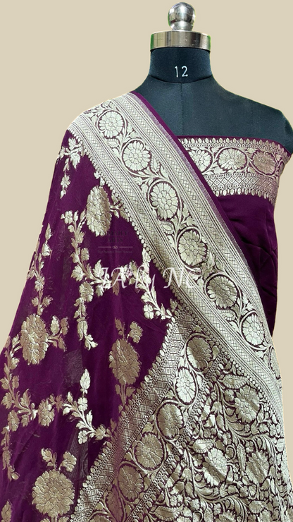 Wine Banarasi Pure Khaddi Georgette Saree