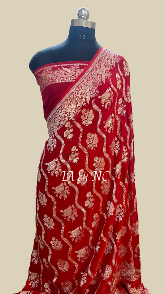 Crimson Banarasi Pure Khaddi Georgette Saree