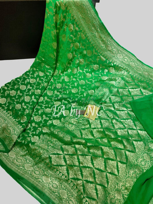 Green Banarasi Pure Khaddi Georgette Saree.