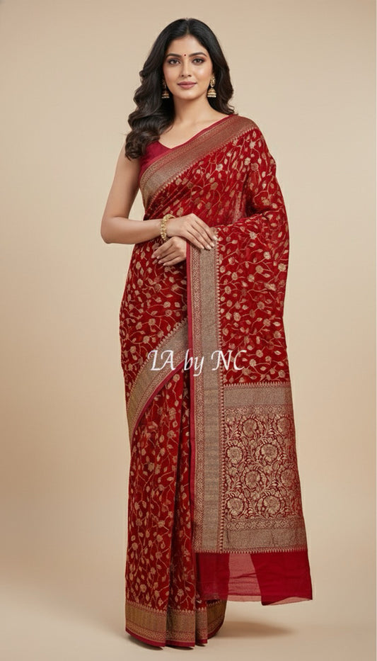 Carmine Banarasi Pure Khaddi Georgette Saree